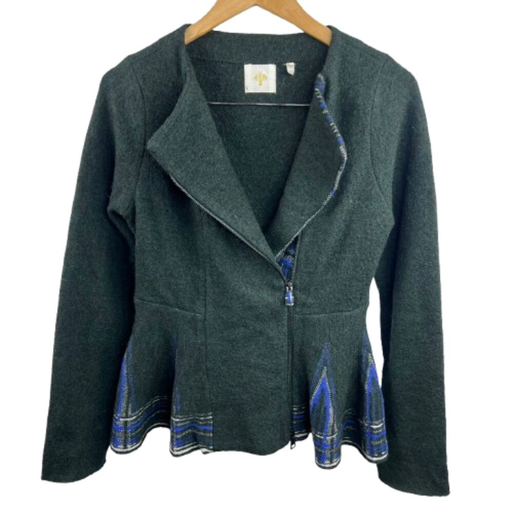 Anthropologie HWR Green Wool Peplum Plaid Trim Zip Front Jacket Size XS